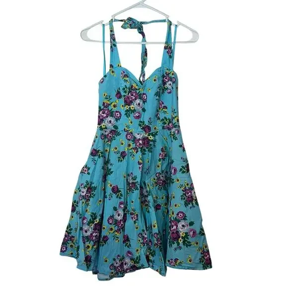 Hell Bunny Vixen Turquoise Floral Halter Dress Size M Pinup Flowy Vacation - Picture 2 of 8